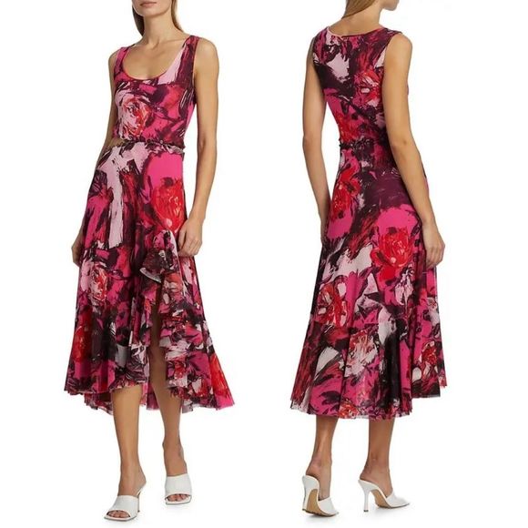 PRABAL GURUNG Sonia Floral-Printed Midi-Dress - Red Pink Multi - Picture 1 of 13